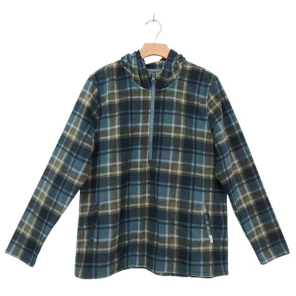 O'Neill Hooded Fleece Sweatshirt Womens Large Green Plaid 1/2 Zip Warm Outdoor - Picture 1 of 12